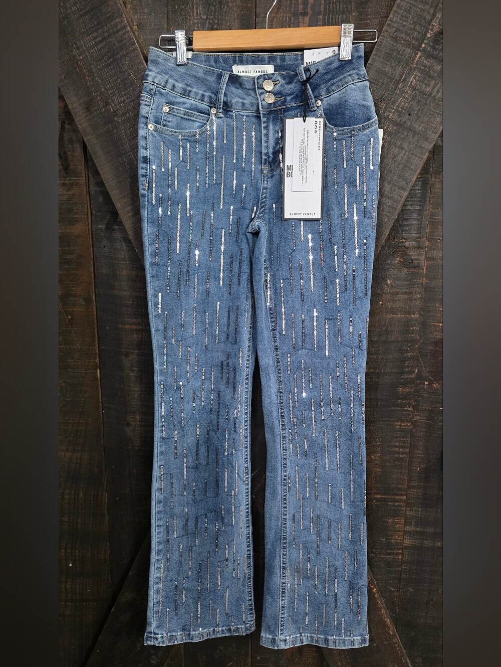 NWT Almost Famous Blue Boot Cut Jeans with Silver Sequin Stripes Size 3